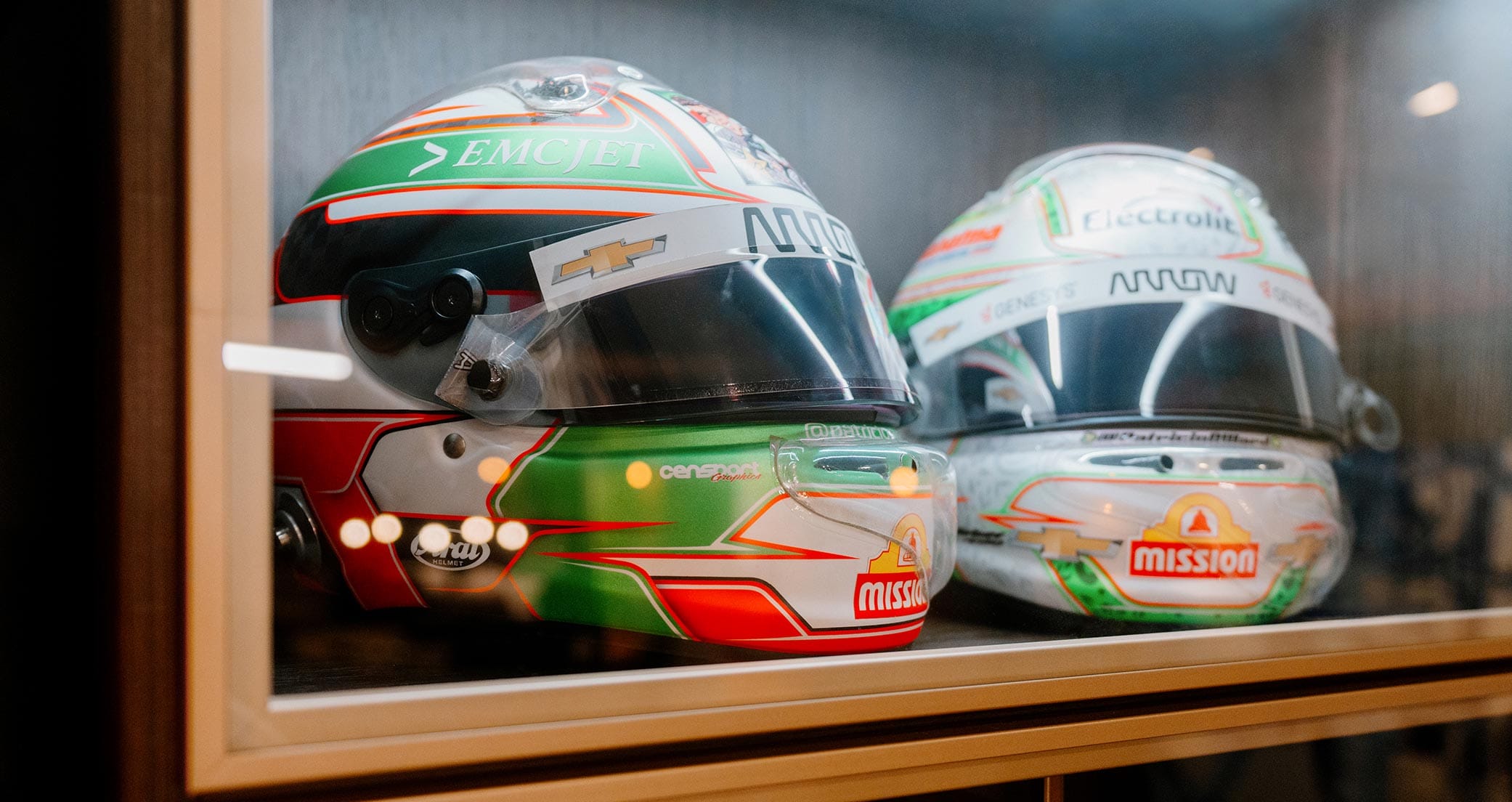 Close up of the custom built shelving for Pato O'Ward's racing helmets created by California Closets