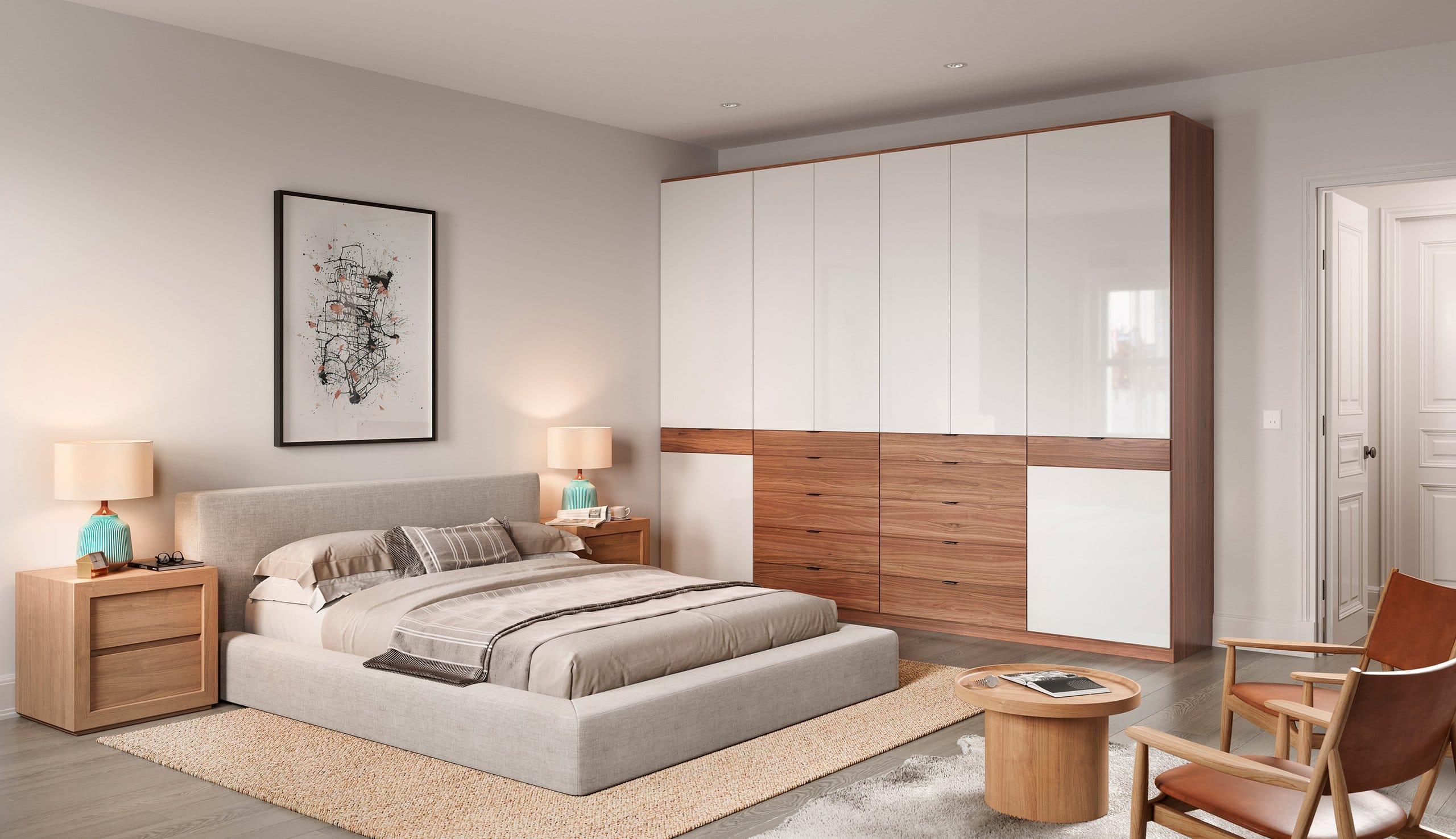 Customized wardrobe storage built in with white gloss and natural wood finishes by California Closets